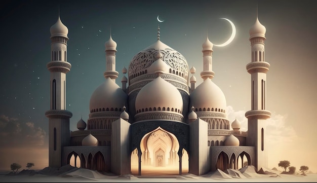 Ilustracja niesamowitego projektu architektury muzułmańskiego meczetu ramadan kareem islamska architektura tło ramadan kareem islamski meczet Ramdan ramzan eid kultura arabska Generuj Ai