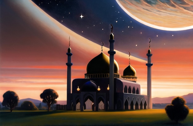 Ilustracja niesamowitego projektu architektury muzułmańskiego meczetu w nocy z pełnią księżyca ramadan kareem Islamski festiwal koncepcja świętego miesiąca Eid Generative AI
