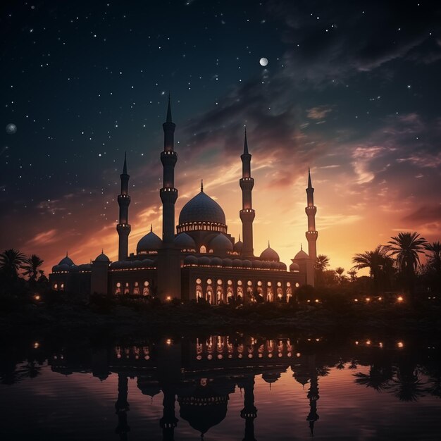 Ilustracja niesamowitej architektury projektu muzułmańskiego meczetu koncepcja ramadan