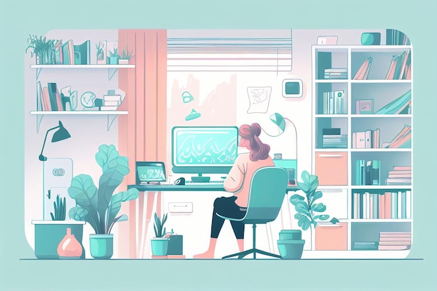 Ilustracja niezależnego i biznesmena pracującego w domu Utworzono za pomocą technologii Generative AI
