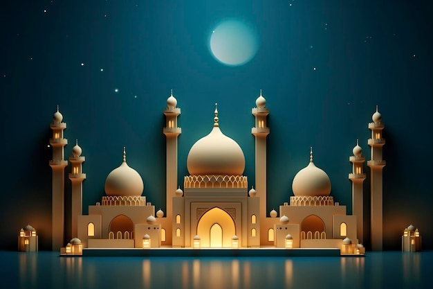 Ilustracja nocy Eid Mubarak ze światłem lampy papierowy styl luksusowego szczęśliwego tła Eid AI Generative