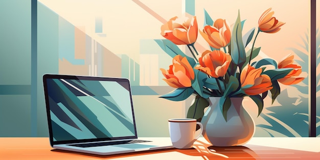 Ilustracja nowoczesnego laptopa na eleganckim biurku z ozdobnym wazonem z kwiatami