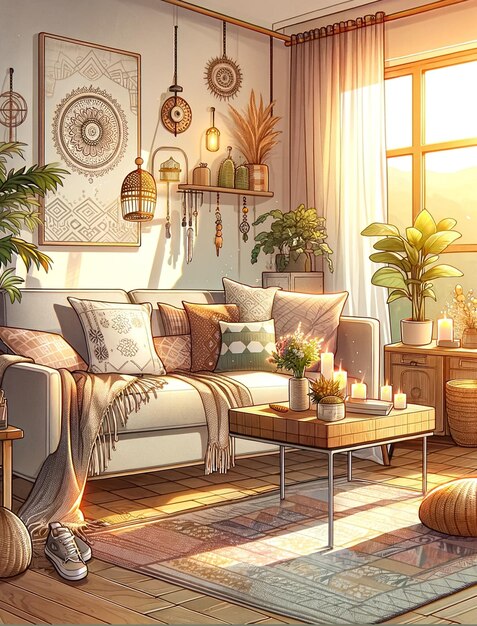 Ilustracja nowoczesnego wnętrza boho w salonie w przytulnym mieszkaniu