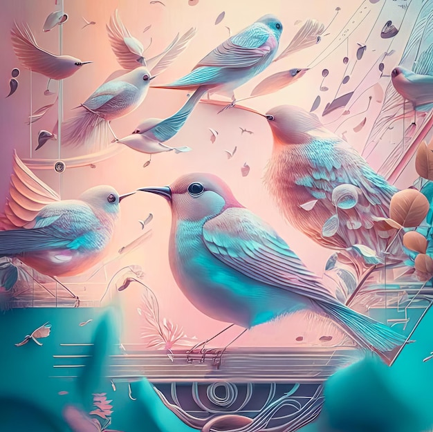 Ilustracja nut i śpiew ptaków w pastelowych kolorach