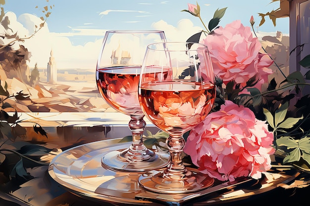 Ilustracja o kieliszkach z winem różowym