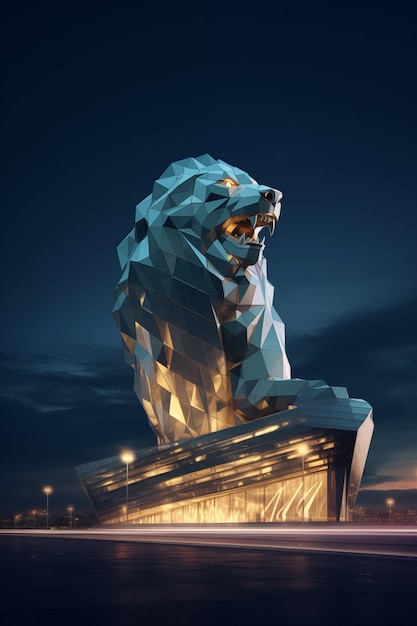 Ilustracja o oświetlonym budynku w kształcie lwa w nocy