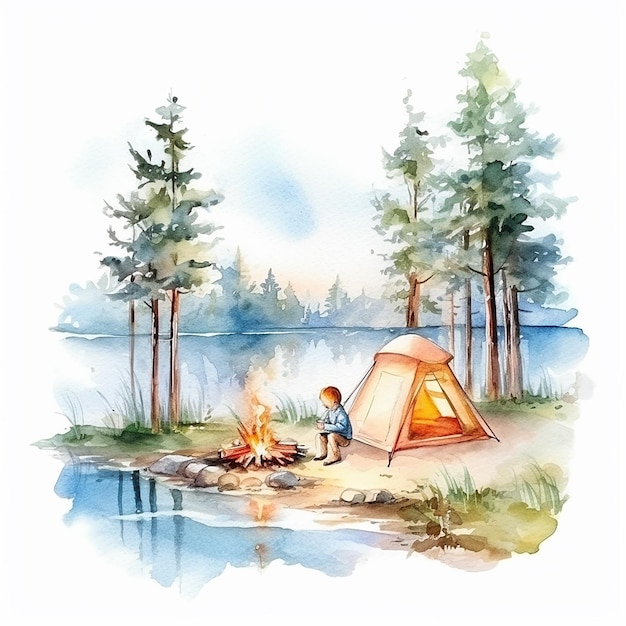 Ilustracja obozu letniego w akwareli