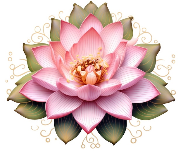 Ilustracja obrazu kwiatu lotosu w kolorze różowym i zielonym, inspirowana pogodnymi i spokojnymi krajobrazami oraz medytacyjną generatywną sztuczną inteligencją