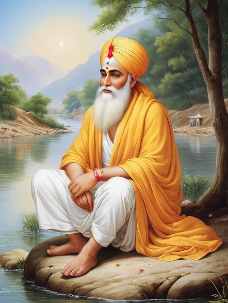 Ilustracja obrazu maha guru Nanak Dev Ji siedzącego na brzegu rzeki Guru Purnima koncepcja