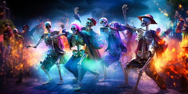 ilustracja odświętnie ubranych szkieletów na imprezie z okazji Halloween