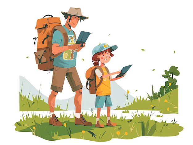 Zdjęcie ilustracja ojca i dziecka łączących się za pomocą mapy i nawigacji smartfona podczas malowniczej jesieńskiej przygody turystycznej