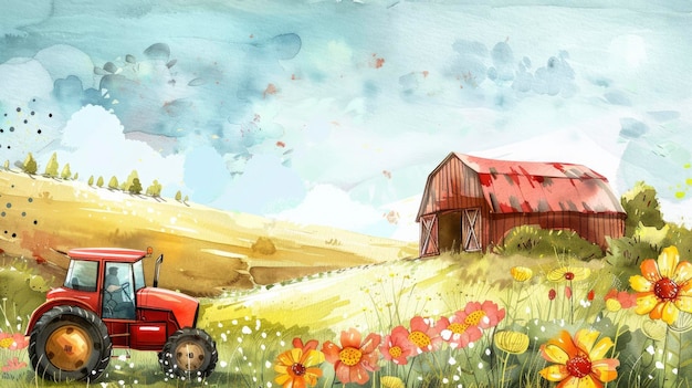 Ilustracja okładki akwarelowej dla dorosłych Spokojna scena farmowa z stodołą traktora i odważną ramą kwiatową