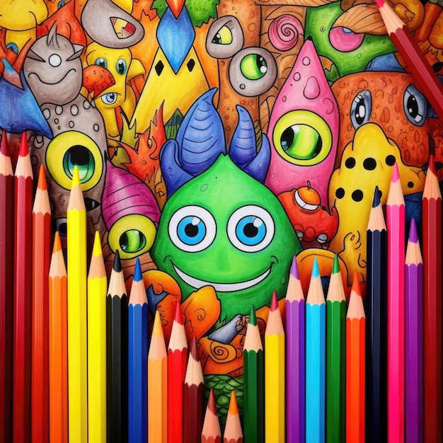 Ilustracja okładki do kolorowanki dla dzieci kolorowe duże kredki i ołówki