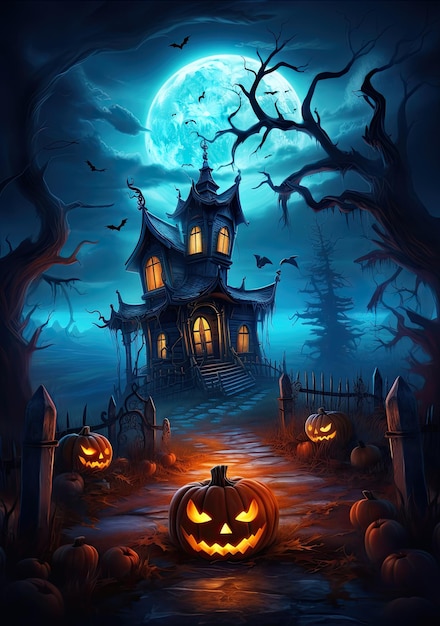 Ilustracja okładki tła Halloween straszny cmentarz i dom