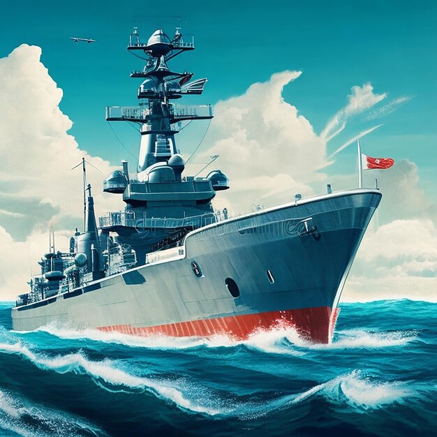 Ilustracja okrętu wojennego na morzu z tłem