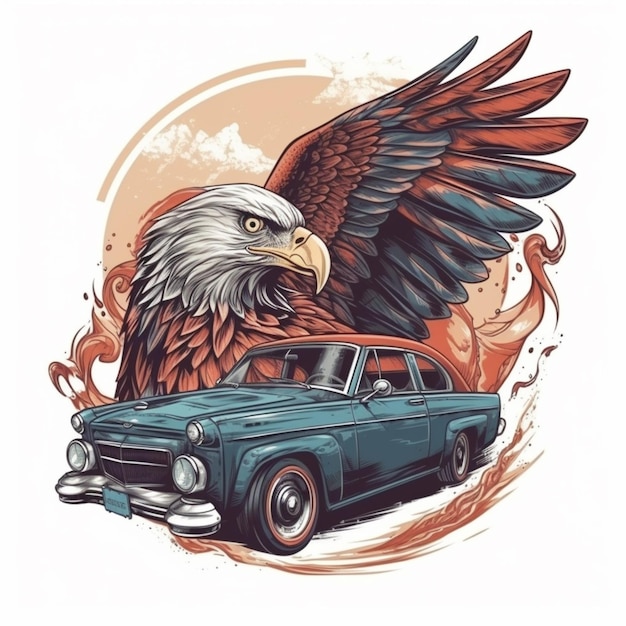 Ilustracja orła i samochodu z ptakiem w tle