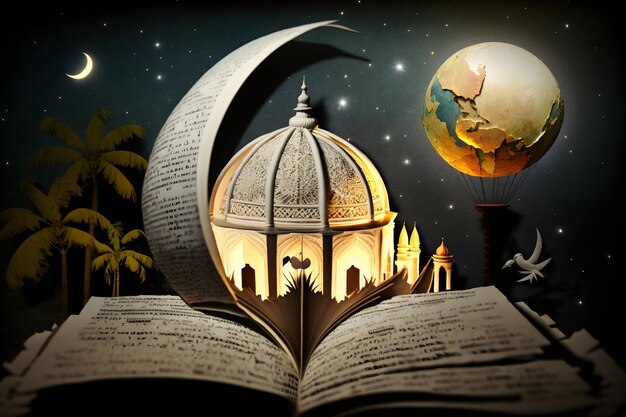 ilustracja otwarta książka z meczetem i księżycem na górze