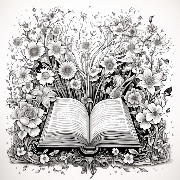 Zdjęcie ilustracja otwartej książki z kwiatami i liśćmi w tle generatywnej ai