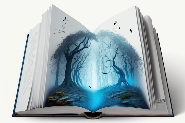 Ilustracja otwartej księgi z mistycznym lasem z niebieskim białym tłem mgły Generative AI