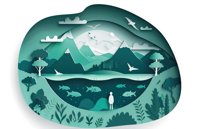 Zdjęcie ilustracja owalnego okrągłego wycinka przedstawiającego trzy lasy, góry i oceany wewnątrz