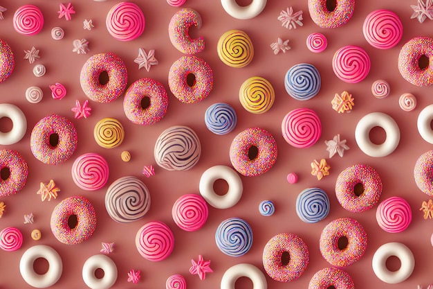 Zdjęcie ilustracja, pączki w rzędach kolorów i smacznych smaków. kreatywne tło słodyczy i cukierków, kolorowych i pysznych deserów