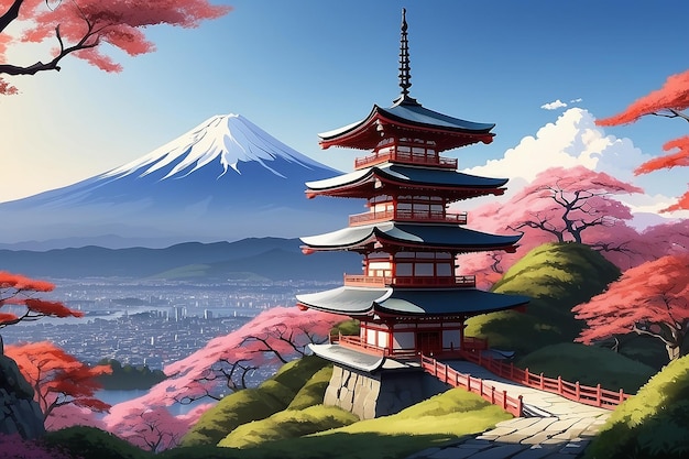Ilustracja pagody i góry Fuji