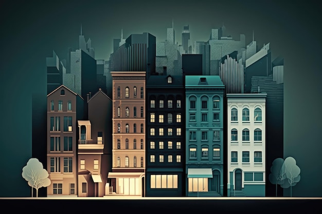 Ilustracja panoramiczna budynków miejskich