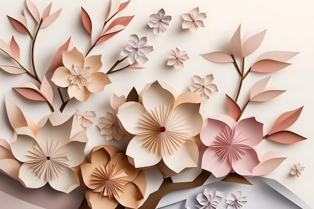 Ilustracja papierowych różowych kwiatów japońskiej wiśni sakura origami Generative AI 3