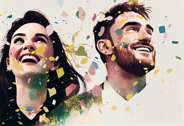 Ilustracja pary uśmiechającej się, gdy konfetti spada na nich na kolorowym tle Wygeneruj Ai