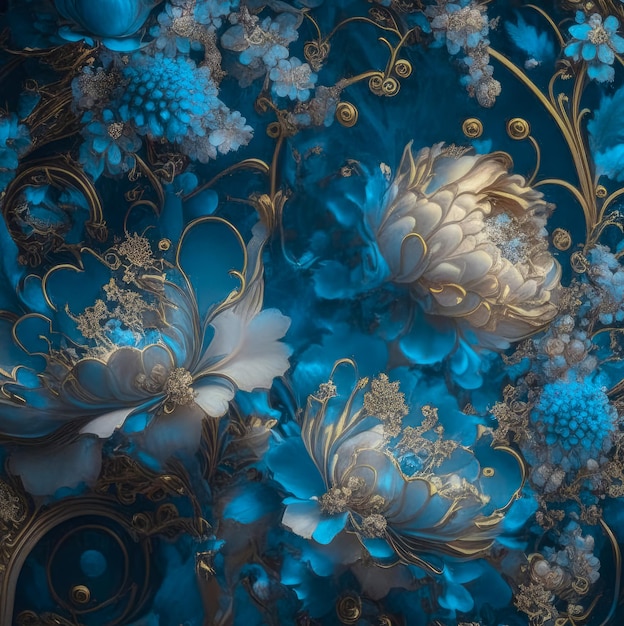 Ilustracja pełen wdzięku bukiet kwiatów w kolorze niebieskim i złotym