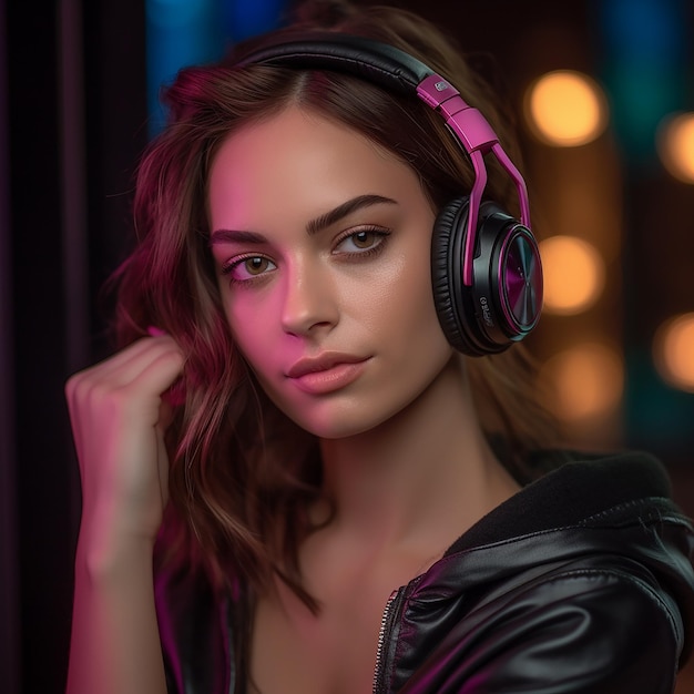 Ilustracja pewnej siebie streamerki z różowymi włosami i stylowymi słuchawkami