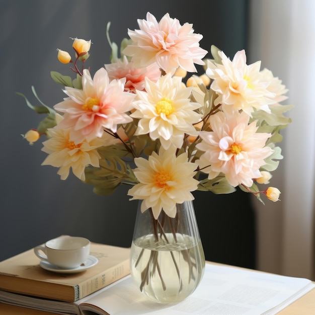 Ilustracja pięknego bukietu białych i różowych kwiatów w przezroczystym wazonie z filiżanką kawy na stole