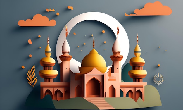 Ilustracja pięknego meczetu, księżyca i gwiazdy