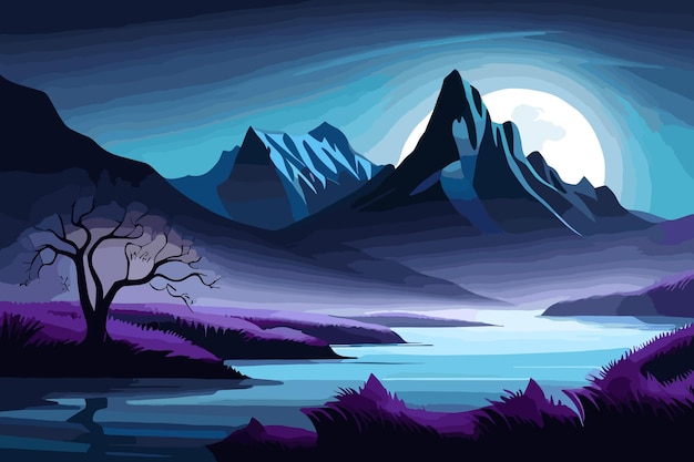 Ilustracja pięknego nocnego krajobrazu z górami, pełnią księżyca i ciemną naturą jeziora
