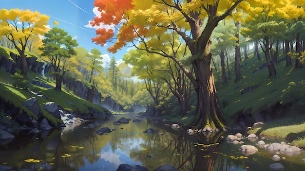 Zdjęcie ilustracja pięknego wiejskiego lasu przyrody w stylu anime animacja tła przez alicewonderland