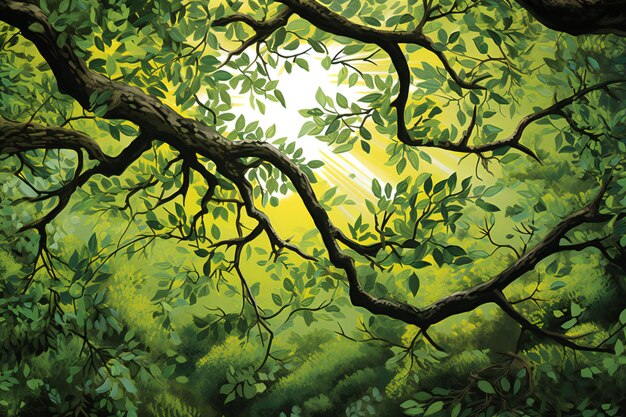 Ilustracja pięknego zielonego lasu z gałęziami i liśćmi w lecie