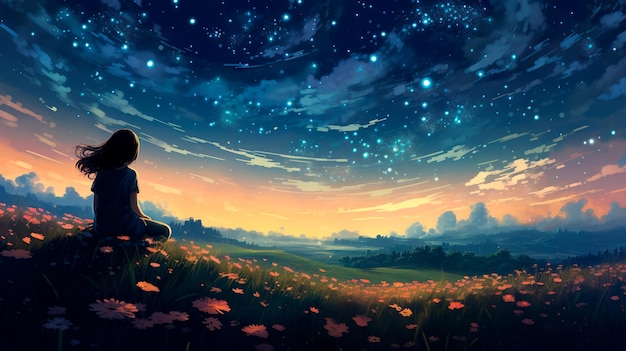 ilustracja pięknej dziewczyny stojącej na polu z kwiatami i zachodem słońca