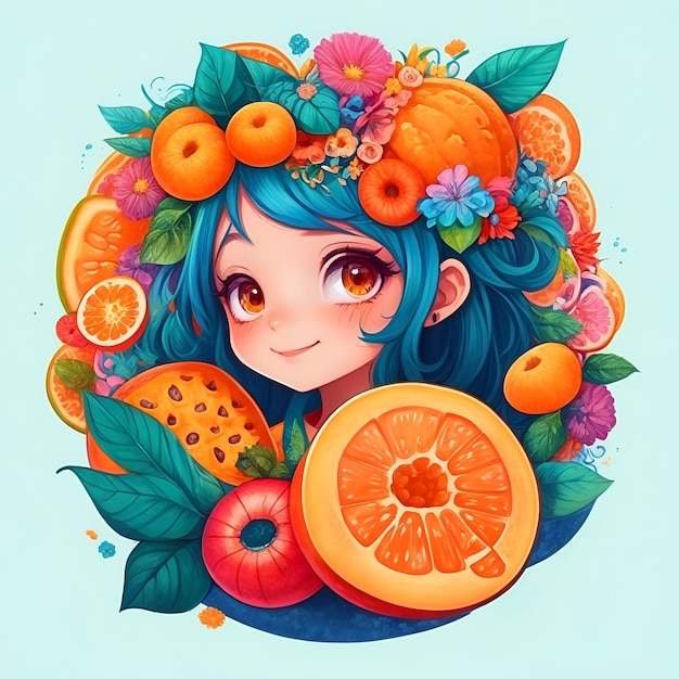 Ilustracja pięknej dziewczyny w okrągłej konstrukcji ramki owocowej