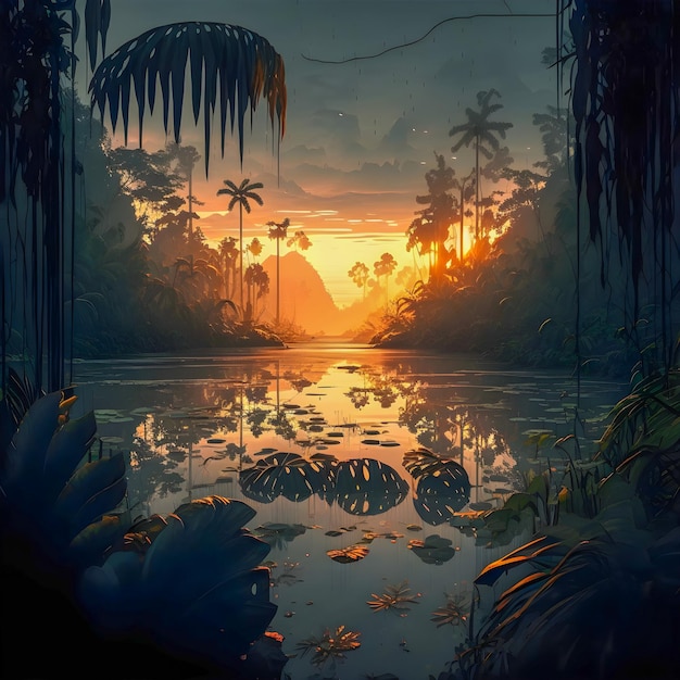 Ilustracja pięknej dżungli amazońskiej scenerii zachodu słońca