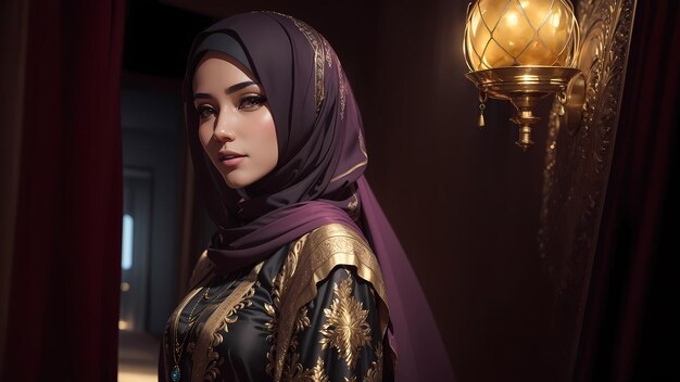 Ilustracja pięknej kobiety hidżabu z serii Black Gold 02