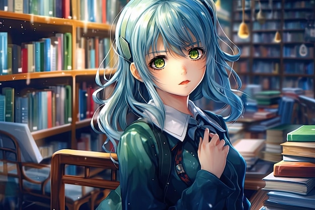Ilustracja pięknej uczennicy anime z niebieskimi włosami w bibliotece generative ai