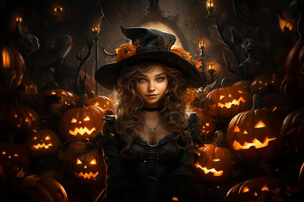 ilustracja pięknej wiedźmy otoczonej rzeźbionymi dyniami z Halloween Jacko'lanterns