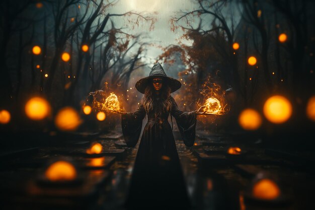 ilustracja pięknej wiedźmy otoczonej rzeźbionymi dyniami z Halloween Jacko'lanterns