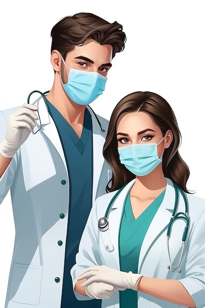 Ilustracja pięknych młodych lekarzy i lekarek noszących maski i rękawiczki