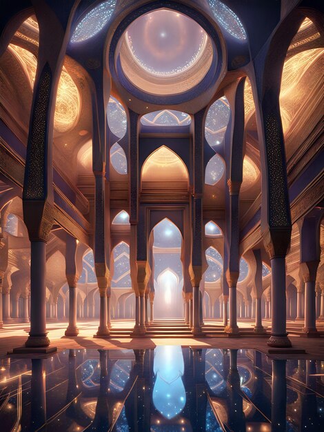 Ilustracja pięknych wewnętrznych łuków filarów meczetu islamskiego z pełnymi gwiazd nostalgiczna architektura islamska festiwal islamski