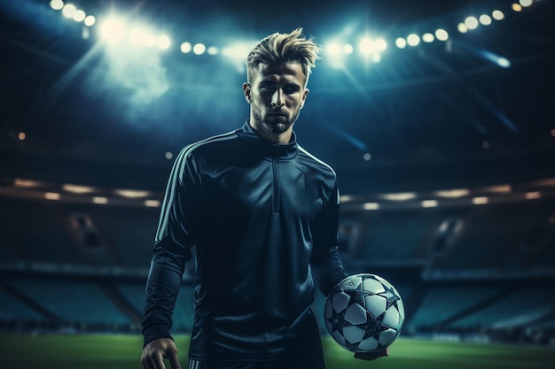 ilustracja piłkarza trzymającego piłkę na boisku piłkarskim w porze nocnej