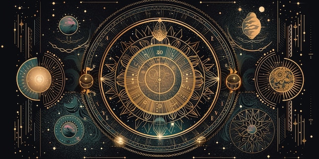 Ilustracja plakat księżyc niebiańskie symbole świecące akcenty