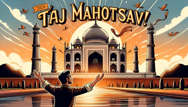 Ilustracja plakatu na Taj Mahotsav z mężczyzną przed Taj Mahal