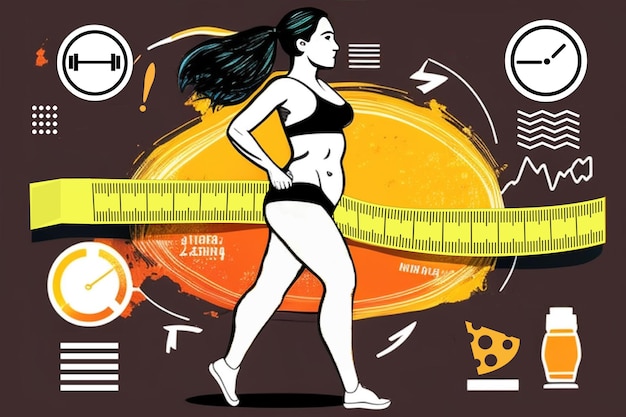 Ilustracja płaska Kobiety stają się szczupłe Tłusta kobieta myśli o tym, jak schudnąć Osłabienie Młoda dziewczyna biega Sport Nadwaga Pastelowe kolory różowe Stworzone za pomocą generatywnej sztucznej inteligencji
