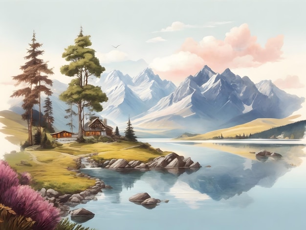 ilustracja płaska Krajobraz górski jezioro na wyżynach Ptaki z górskich drzew